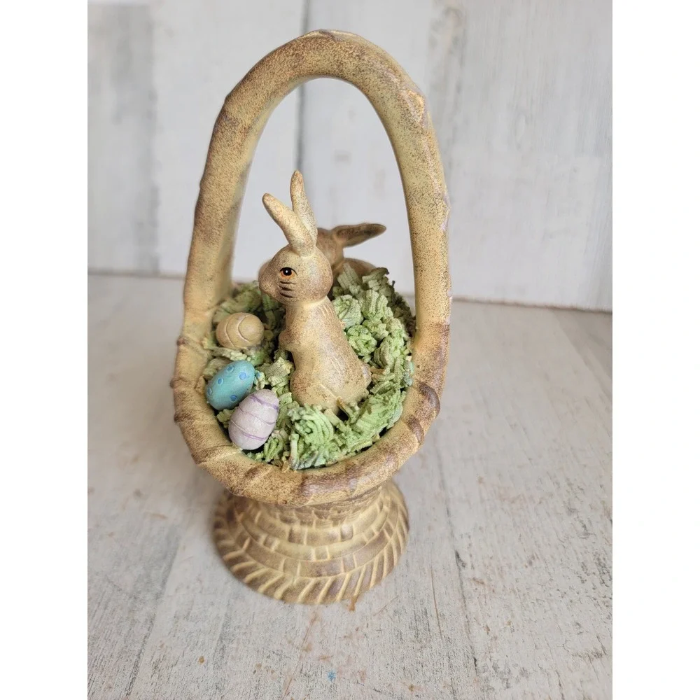 Easter rustic Bunny basket egg folk art vintage unique home decor figure spring